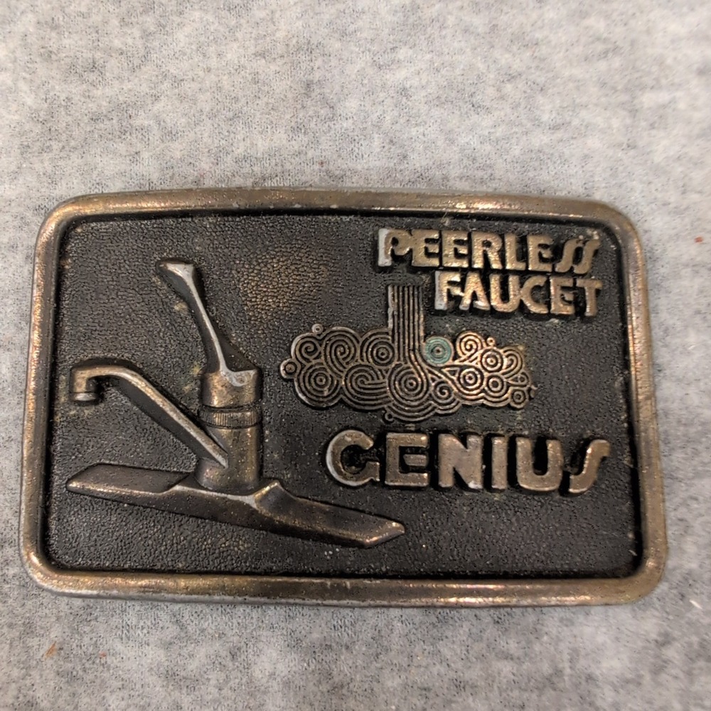 Vtg Peerless Faucet Genius Belt Buckle Brass Tone Plumbing Advertising Smalls1